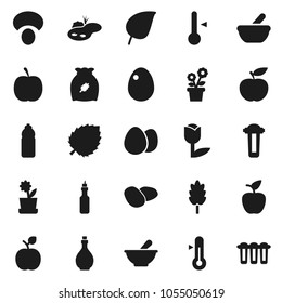 Flat vector icon set - oil vector, thermometer, cereal, egg, mushroom, potato, apple fruit, leaf, diet, water bottle, tulip, mortar, pond, flower in pot, filter