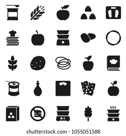 Flat vector icon set - oil vector, double boiler, cookbook, cereal, potato, apple fruit, diet, scales, sports nutrition, cereals, breads, no fastfood, hoop