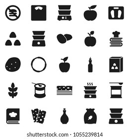 Flat vector icon set - oil vector, double boiler, cookbook, cereal, potato, apple fruit, diet, scales, sports nutrition, cereals, breads, no fastfood, hoop