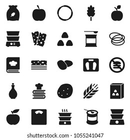 Flat vector icon set - oil vector, double boiler, cookbook, cereal, potato, apple fruit, diet, scales, sports nutrition, cereals, breads, no fastfood, hoop