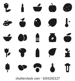 Flat vector icon set - oil vector, thermometer, cereal, egg, mushroom, potato, apple fruit, leaf, diet, water bottle, tulip, mortar, pond, flower in pot, filter