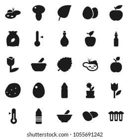 Flat vector icon set - oil vector, thermometer, cereal, egg, mushroom, potato, apple fruit, leaf, diet, water bottle, tulip, mortar, pond, flower in pot, filter