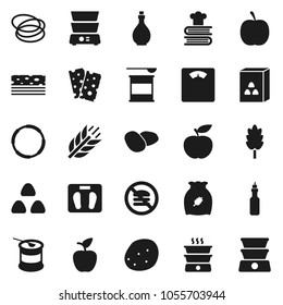 Flat vector icon set - oil vector, double boiler, cookbook, cereal, potato, apple fruit, diet, scales, sports nutrition, cereals, breads, no fastfood, hoop