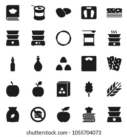 Flat vector icon set - oil vector, double boiler, cookbook, cereal, potato, apple fruit, diet, scales, sports nutrition, cereals, breads, no fastfood, hoop