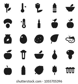 Flat vector icon set - oil vector, thermometer, cereal, egg, mushroom, potato, apple fruit, leaf, diet, water bottle, tulip, mortar, pond, filter