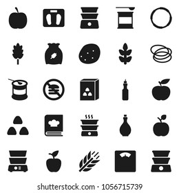 Flat vector icon set - oil vector, double boiler, cookbook, cereal, potato, apple fruit, diet, scales, sports nutrition, cereals, no fastfood, hoop