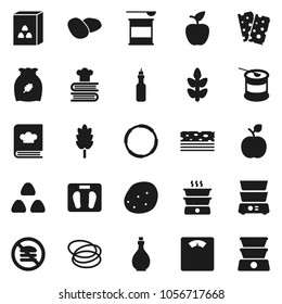 Flat vector icon set - oil vector, double boiler, cookbook, cereal, potato, apple fruit, scales, sports nutrition, cereals, breads, no fastfood, hoop