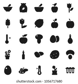 Flat vector icon set - oil vector, thermometer, cereal, egg, mushroom, potato, apple fruit, leaf, diet, tulip, mortar, pond, flower in pot, water filter