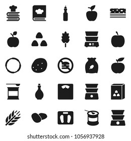 Flat vector icon set - oil vector, double boiler, cookbook, cereal, potato, apple fruit, diet, scales, sports nutrition, cereals, breads, no fastfood, hoop