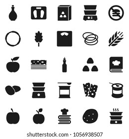 Flat vector icon set - oil vector, double boiler, cookbook, cereal, potato, apple fruit, diet, scales, sports nutrition, cereals, breads, no fastfood, hoop