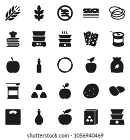 Flat vector icon set - oil vector, double boiler, cookbook, cereal, potato, apple fruit, diet, scales, sports nutrition, cereals, breads, no fastfood, hoop