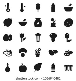 Flat vector icon set - oil vector, thermometer, cereal, egg, mushroom, potato, leaf, diet, water bottle, tulip, mortar, pond, flower in pot, filter