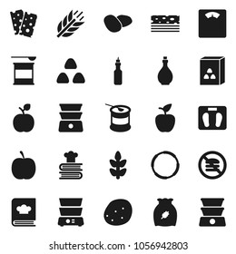 Flat vector icon set - oil vector, double boiler, cookbook, cereal, potato, apple fruit, diet, scales, sports nutrition, cereals, breads, no fastfood, hoop