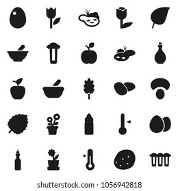 Flat vector icon set - oil vector, thermometer, cereal, egg, mushroom, potato, apple fruit, leaf, water bottle, tulip, mortar, pond, flower in pot, filter