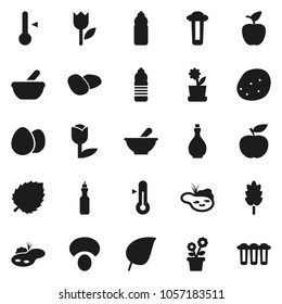 Flat vector icon set - oil vector, thermometer, cereal, egg, mushroom, potato, apple fruit, leaf, diet, water bottle, tulip, mortar, pond, flower in pot, filter