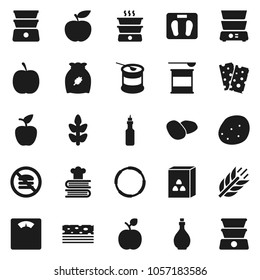 Flat vector icon set - oil vector, double boiler, cookbook, cereal, potato, apple fruit, diet, scales, sports nutrition, cereals, breads, no fastfood, hoop