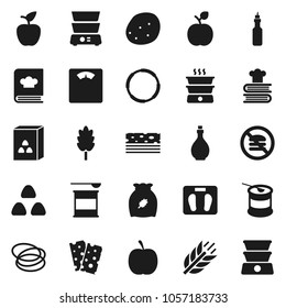 Flat vector icon set - oil vector, double boiler, cookbook, cereal, potato, apple fruit, diet, scales, sports nutrition, cereals, breads, no fastfood, hoop