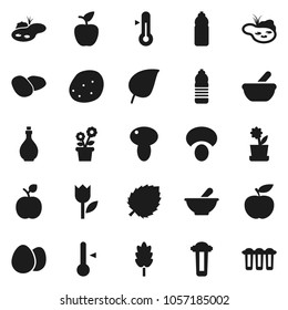 Flat vector icon set - oil vector, thermometer, cereal, egg, mushroom, potato, apple fruit, leaf, diet, water bottle, tulip, mortar, pond, flower in pot, filter