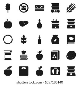 Flat vector icon set - oil vector, double boiler, cookbook, cereal, potato, apple fruit, diet, scales, sports nutrition, cereals, breads, no fastfood, hoop
