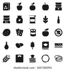 Flat vector icon set - oil vector, double boiler, cookbook, cereal, potato, apple fruit, diet, scales, sports nutrition, cereals, breads, no fastfood, hoop