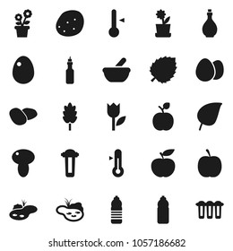Flat vector icon set - oil vector, thermometer, cereal, egg, mushroom, potato, apple fruit, leaf, diet, water bottle, tulip, mortar, pond, flower in pot, filter