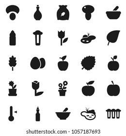 Flat vector icon set - oil vector, thermometer, cereal, egg, mushroom, apple fruit, leaf, diet, water bottle, tulip, mortar, pond, flower in pot, filter