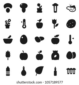 Flat vector icon set - oil vector, thermometer, cereal, egg, mushroom, potato, apple fruit, leaf, diet, water bottle, tulip, mortar, pond, flower in pot, filter