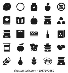 Flat vector icon set - oil vector, double boiler, cookbook, cereal, potato, apple fruit, diet, scales, sports nutrition, cereals, breads, no fastfood, hoop