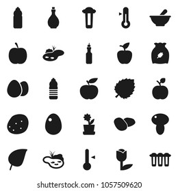 Flat vector icon set - oil vector, thermometer, cereal, egg, mushroom, potato, apple fruit, leaf, diet, water bottle, tulip, mortar, pond, flower in pot, filter
