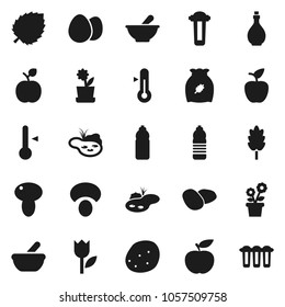 Flat vector icon set - oil vector, thermometer, cereal, egg, mushroom, potato, apple fruit, leaf, diet, water bottle, tulip, mortar, pond, flower in pot, filter