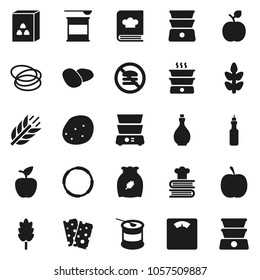 Flat vector icon set - oil vector, double boiler, cookbook, cereal, potato, apple fruit, diet, scales, sports nutrition, cereals, breads, no fastfood, hoop