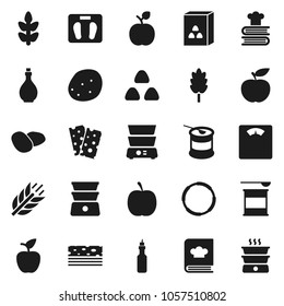 Flat vector icon set - oil vector, double boiler, cookbook, cereal, potato, apple fruit, diet, scales, sports nutrition, cereals, breads, hoop