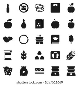 Flat vector icon set - oil vector, double boiler, cookbook, cereal, potato, apple fruit, diet, scales, sports nutrition, cereals, breads, no fastfood, hoop