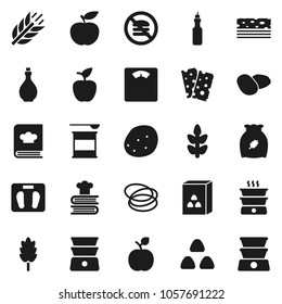 Flat vector icon set - oil vector, double boiler, cookbook, cereal, potato, apple fruit, diet, scales, sports nutrition, cereals, breads, no fastfood, hoop