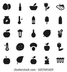 Flat vector icon set - oil vector, thermometer, cereal, egg, mushroom, potato, apple fruit, leaf, diet, water bottle, tulip, mortar, pond, flower in pot, filter