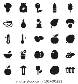 Flat vector icon set - oil vector, thermometer, cereal, egg, mushroom, potato, apple fruit, leaf, diet, water bottle, tulip, mortar, pond, flower in pot, filter