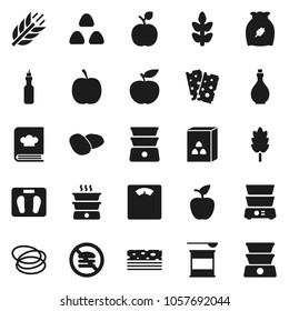 Flat vector icon set - oil vector, double boiler, cookbook, cereal, potato, apple fruit, diet, scales, sports nutrition, cereals, breads, no fastfood, hoop