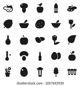 Flat vector icon set - oil vector, thermometer, cereal, egg, mushroom, potato, apple fruit, leaf, diet, water bottle, tulip, mortar, pond, flower in pot, filter