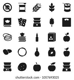 Flat vector icon set - oil vector, double boiler, cookbook, cereal, potato, apple fruit, diet, scales, sports nutrition, cereals, breads, no fastfood, hoop