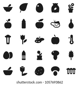 Flat vector icon set - oil vector, thermometer, cereal, egg, mushroom, potato, apple fruit, leaf, diet, water bottle, tulip, mortar, pond, flower in pot, filter