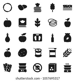 Flat vector icon set - oil vector, double boiler, cookbook, cereal, potato, apple fruit, diet, scales, sports nutrition, cereals, breads, no fastfood, hoop