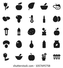 Flat vector icon set - oil vector, thermometer, cereal, egg, mushroom, potato, apple fruit, leaf, diet, water bottle, tulip, mortar, pond, flower in pot, filter