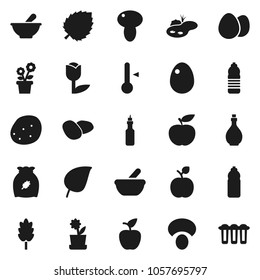 Flat vector icon set - oil vector, thermometer, cereal, egg, mushroom, potato, apple fruit, leaf, diet, water bottle, tulip, mortar, pond, flower in pot, filter
