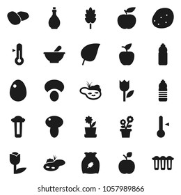 Flat vector icon set - oil vector, thermometer, cereal, egg, mushroom, potato, apple fruit, leaf, diet, water bottle, tulip, mortar, pond, flower in pot, filter