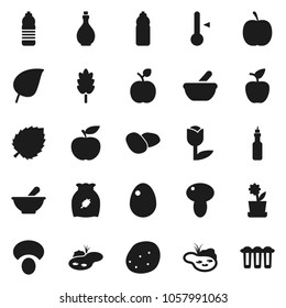 Flat vector icon set - oil vector, thermometer, cereal, egg, mushroom, potato, apple fruit, leaf, diet, water bottle, tulip, mortar, pond, flower in pot, filter