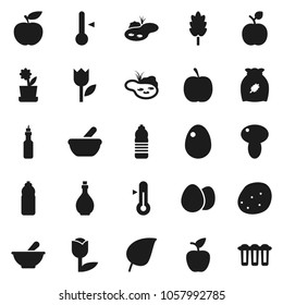 Flat vector icon set - oil vector, thermometer, cereal, egg, mushroom, potato, apple fruit, leaf, diet, water bottle, tulip, mortar, pond, flower in pot, filter