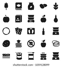 Flat vector icon set - oil vector, double boiler, cookbook, cereal, potato, apple fruit, diet, scales, sports nutrition, cereals, breads, no fastfood, hoop