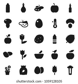 Flat vector icon set - oil vector, thermometer, cereal, egg, mushroom, potato, apple fruit, leaf, diet, water bottle, tulip, mortar, pond, flower in pot, filter