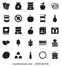Flat vector icon set - oil vector, double boiler, cookbook, cereal, potato, apple fruit, diet, scales, sports nutrition, cereals, breads, no fastfood, hoop