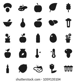 Flat vector icon set - oil vector, thermometer, cereal, egg, mushroom, potato, apple fruit, leaf, diet, water bottle, tulip, mortar, pond, flower in pot, filter